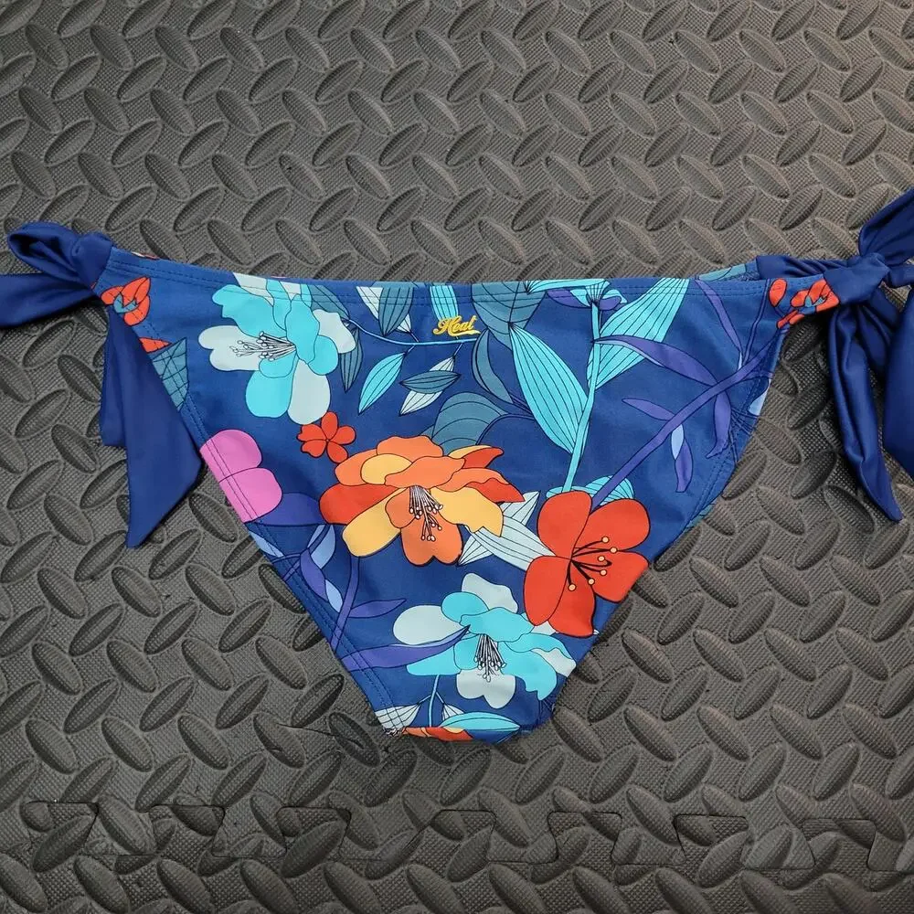 Heat Bikini Bottom Medium Blue Floral Tie Side String Swim Vacation Ready Beach
